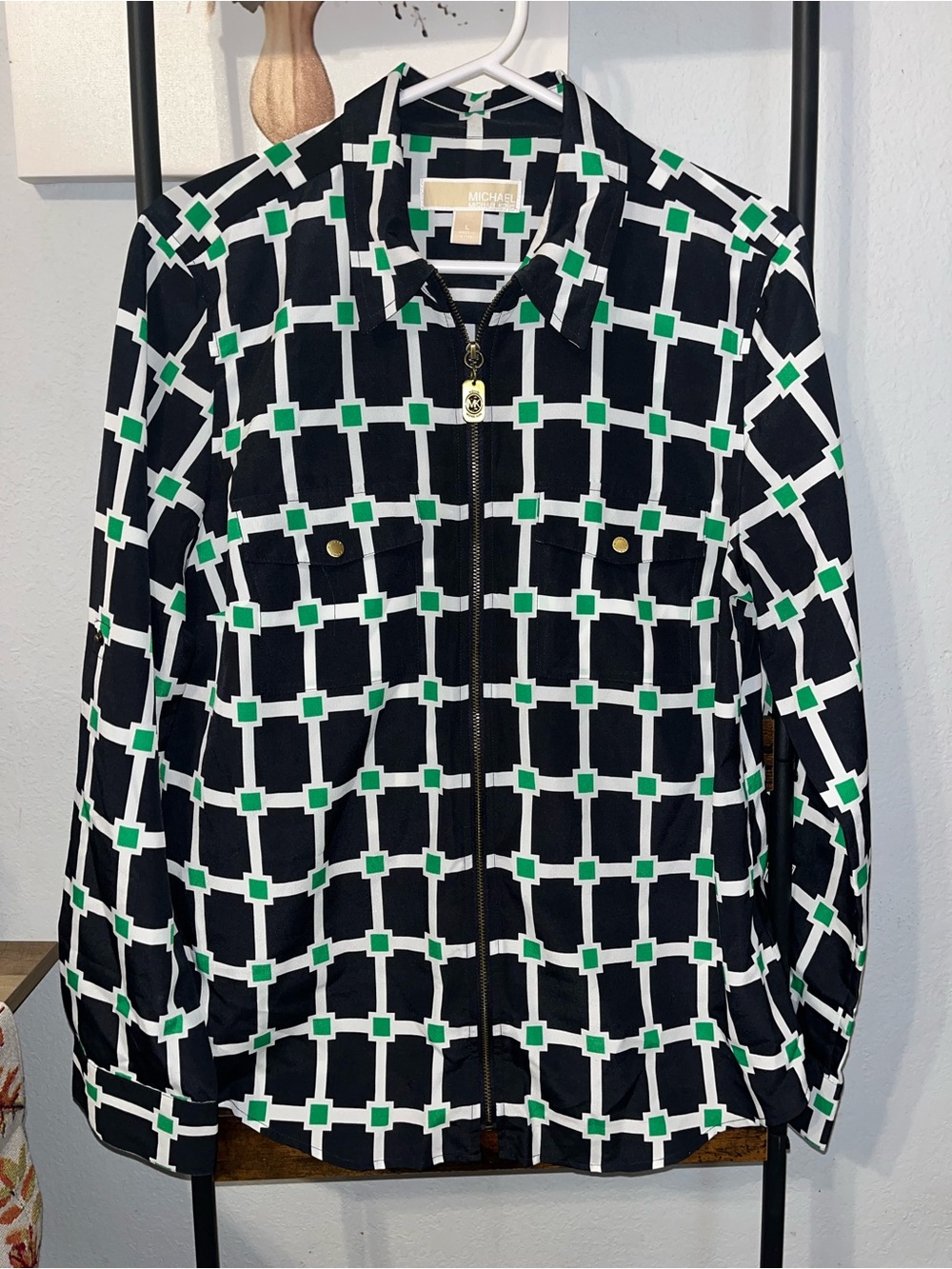 MICHAEL Michael Kors Black Shirt Jacket with Green & White Grid